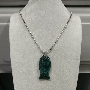 Moss Agate Fish Necklace Natural Gemstone Crystal Fish Pendant Stainless-Steel